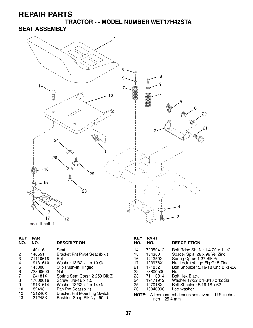 Weed Eater manual Tractor - Model Number WET17H42STA Seat Assembly 