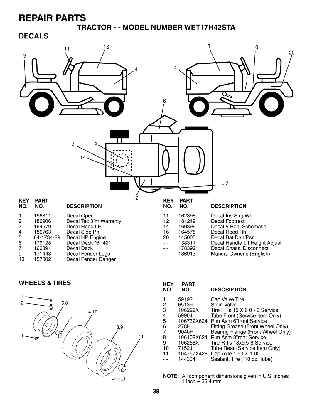 Weed Eater manual Tractor - Model Number WET17H42STA Decals, Wheels & Tires 