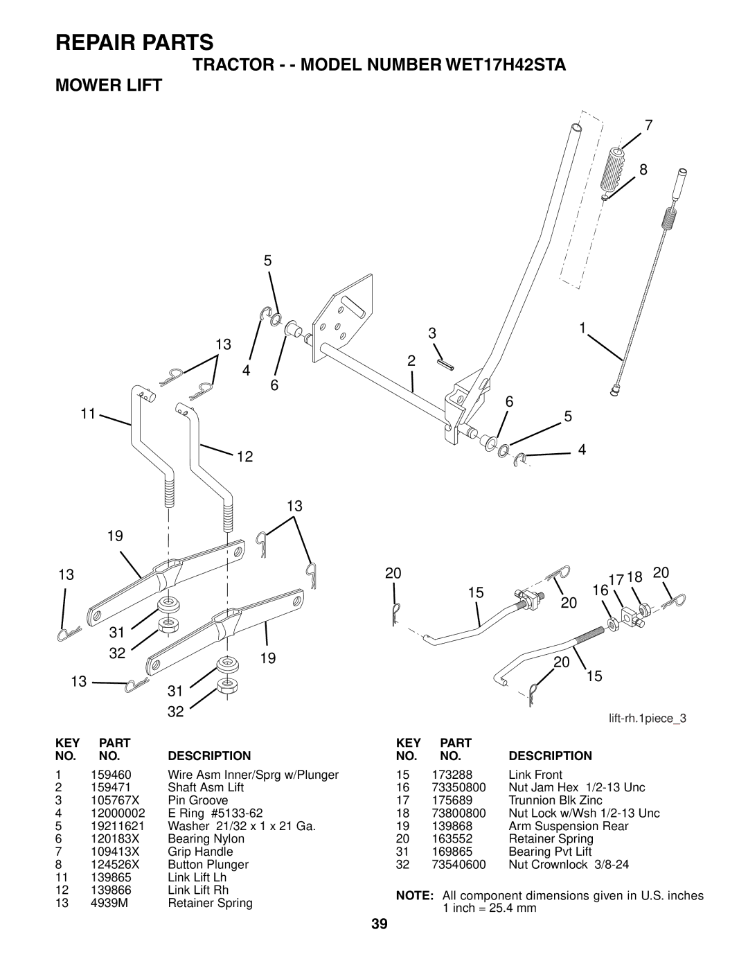 Weed Eater manual Tractor - Model Number WET17H42STA Mower Lift, Link Front 