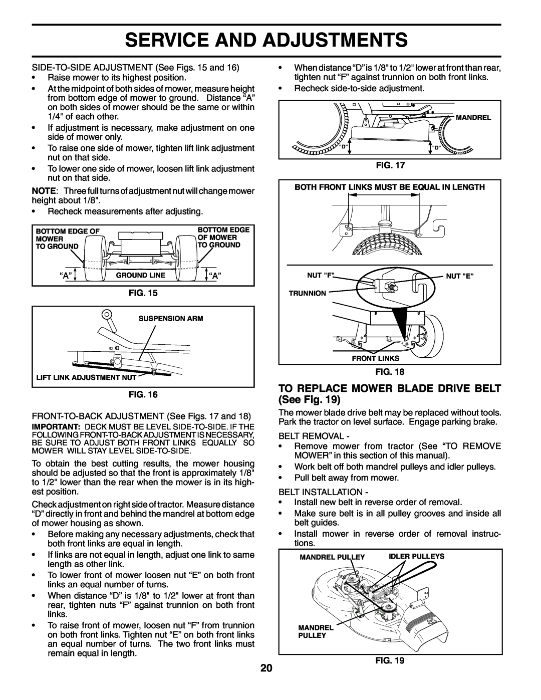 Weed Eater WET17H42STA manual TO REPLACE MOWER BLADE DRIVE BELT See Fig, Service And Adjustments 