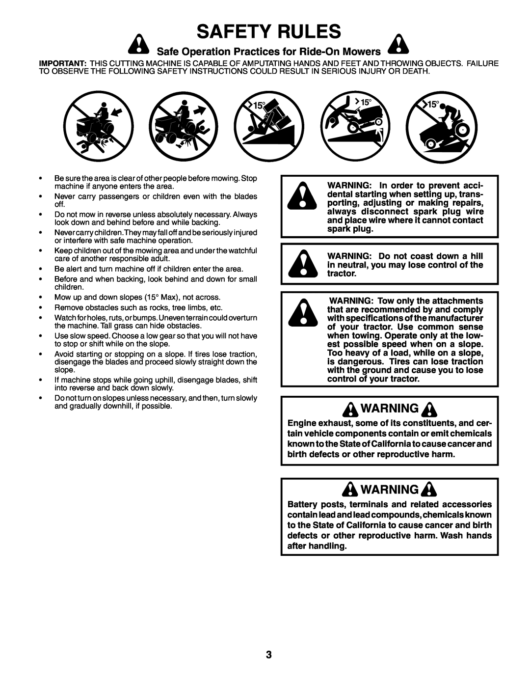Weed Eater WET17H42STA manual Safety Rules, Safe Operation Practices for Ride-On Mowers 