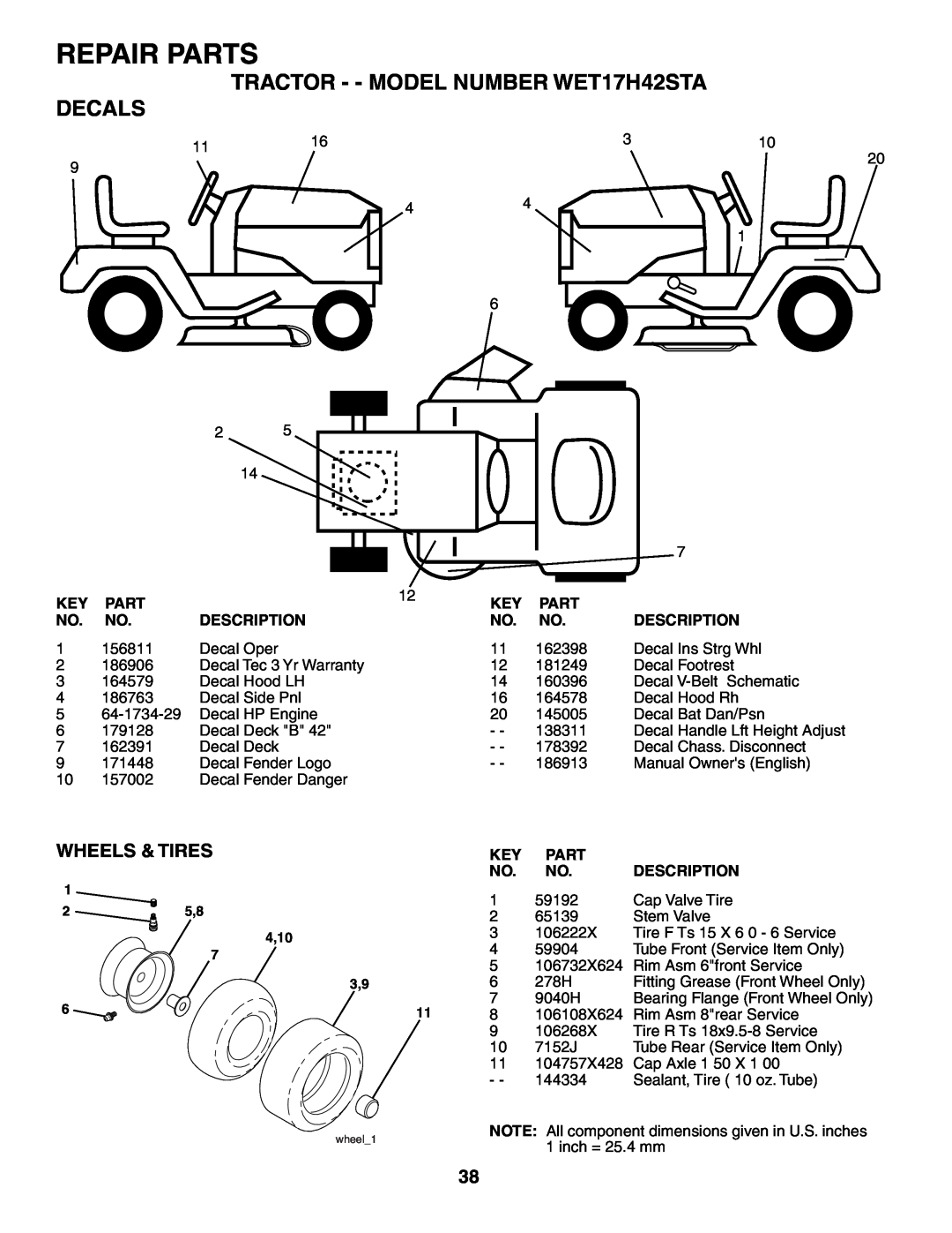 Weed Eater manual TRACTOR - - MODEL NUMBER WET17H42STA DECALS, Wheels & Tires, Repair Parts 