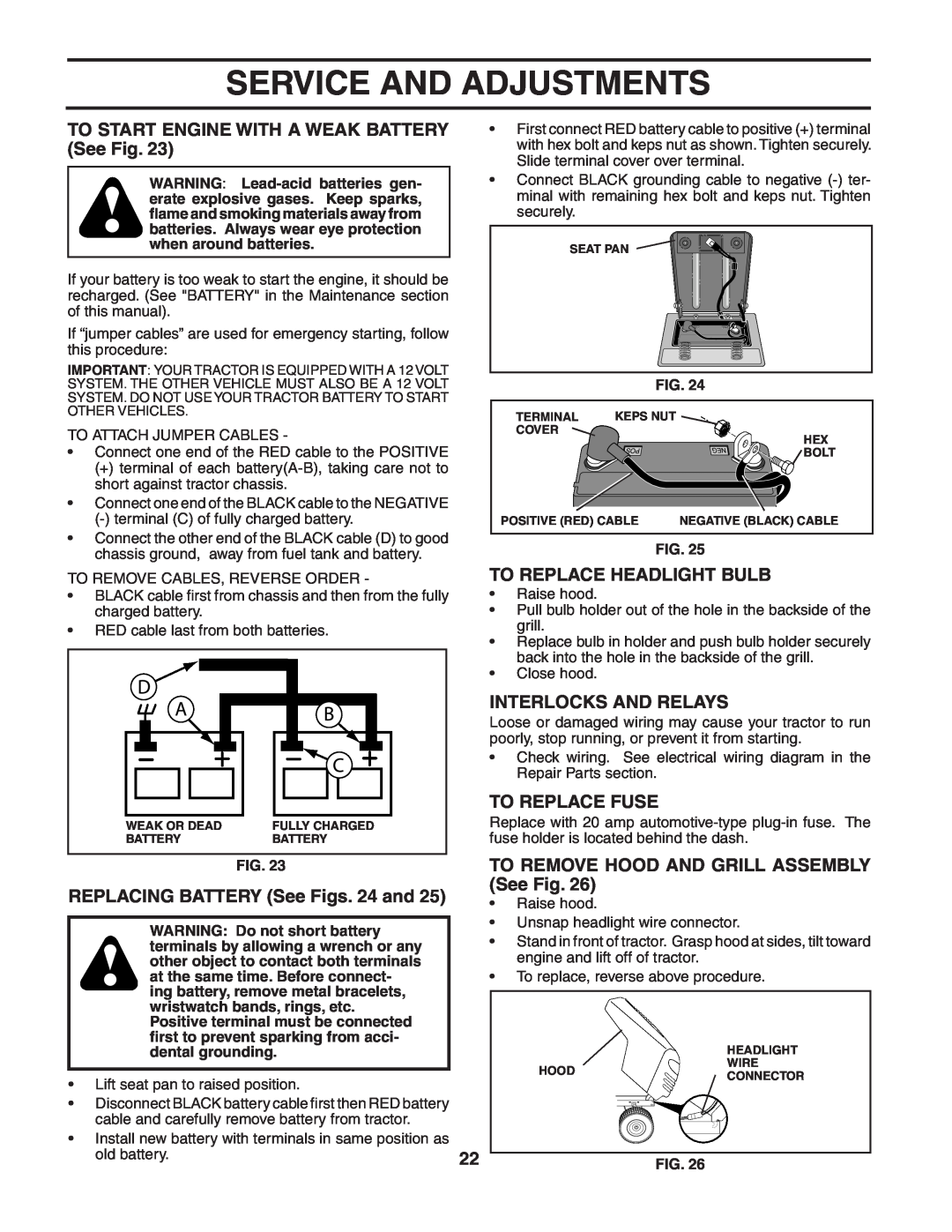 Weed Eater WET2242STA manual TO START ENGINE WITH A WEAK BATTERY See Fig, To Replace Headlight Bulb, Interlocks And Relays 