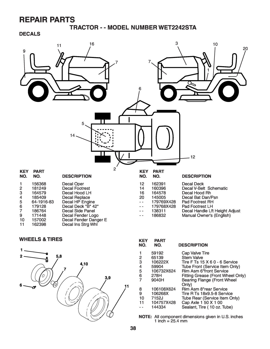 Weed Eater manual Decals, Wheels & Tires, Repair Parts, TRACTOR - - MODEL NUMBER WET2242STA 