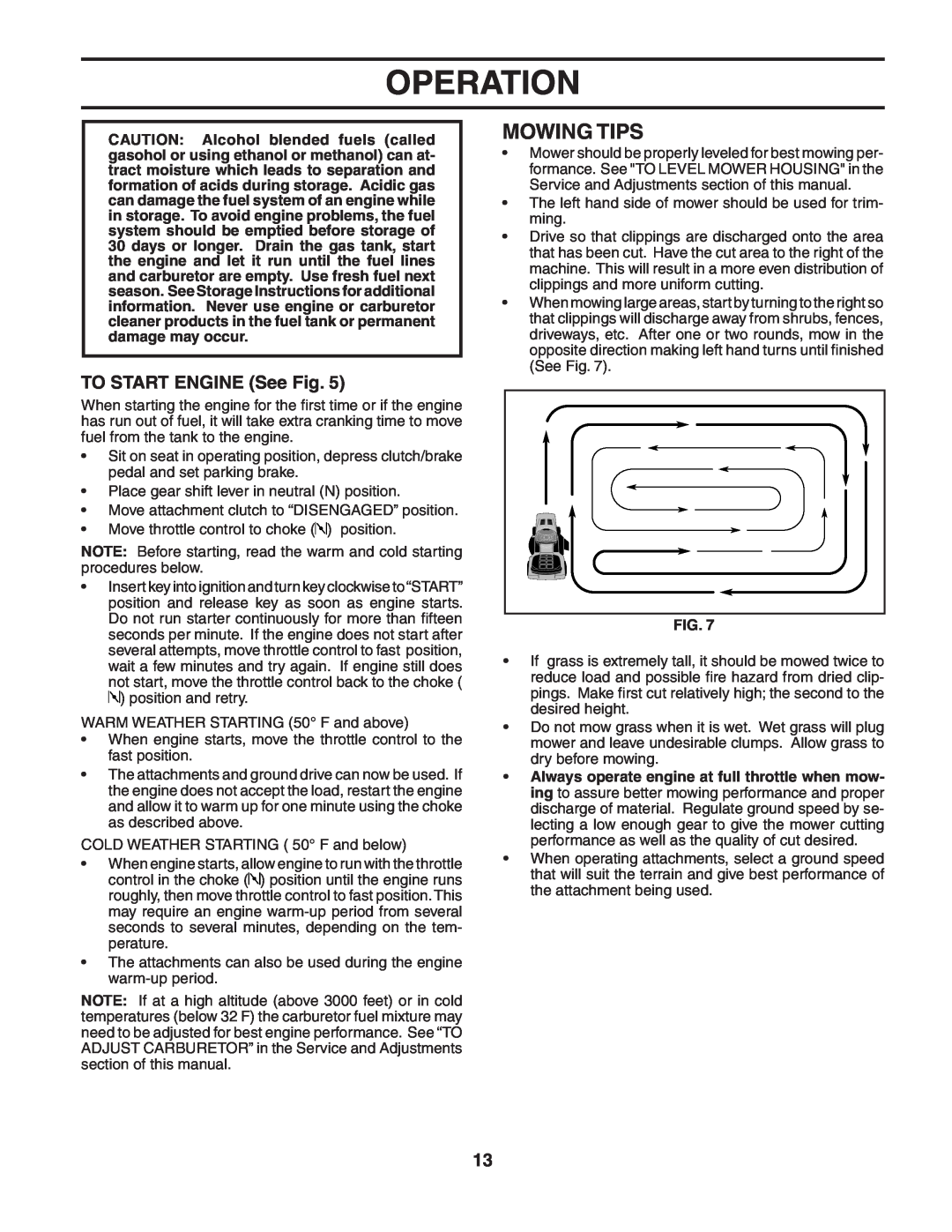 Weed Eater WET2242STB manual Mowing Tips, TO START ENGINE See Fig, Operation 