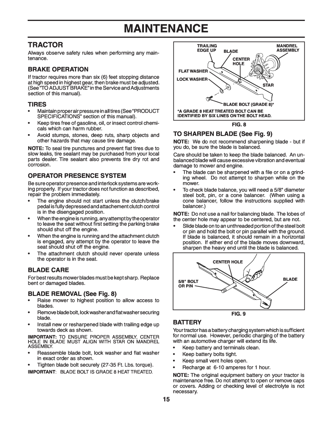 Weed Eater WET2242STB manual Tractor, Brake Operation, Tires, Operator Presence System, Blade Care, BLADE REMOVAL See Fig 