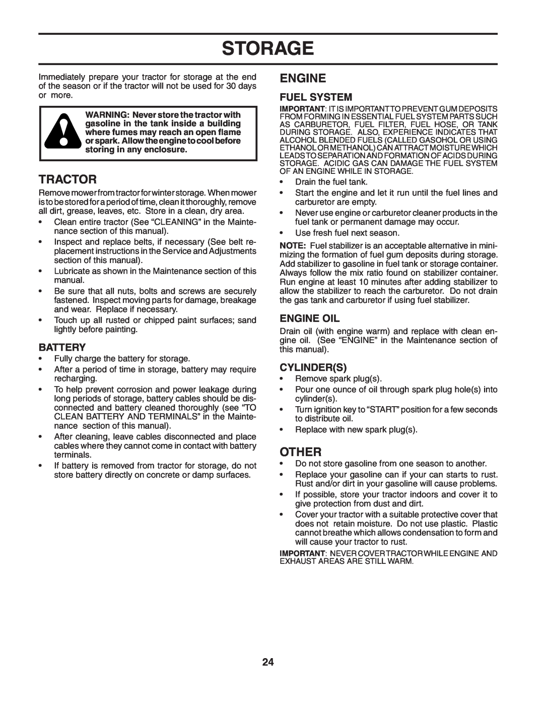 Weed Eater WET2242STB manual Storage, Other, Fuel System, Engine Oil, Cylinders, Tractor, Battery 