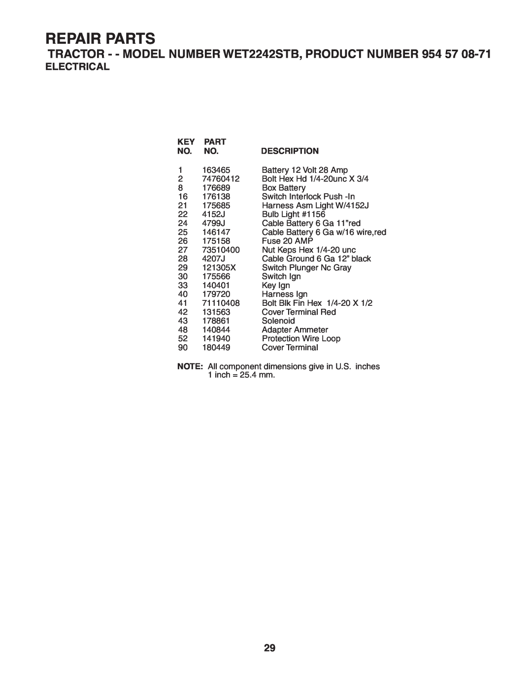 Weed Eater WET2242STB manual Repair Parts, Electrical, Description 