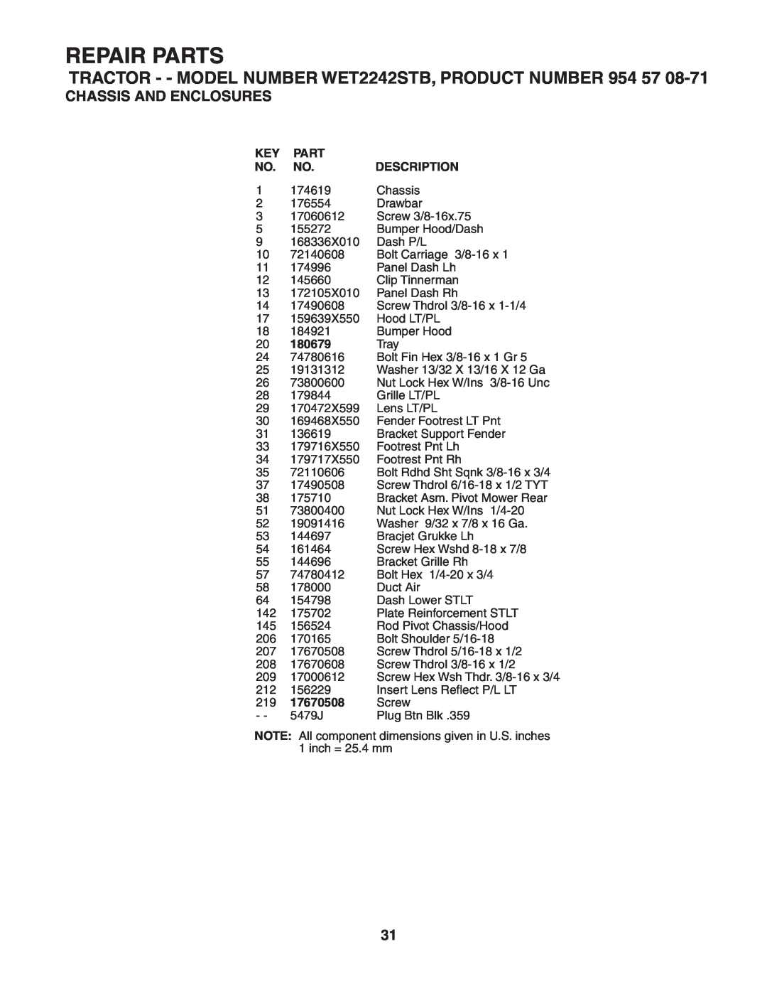 Weed Eater WET2242STB manual Repair Parts, Chassis And Enclosures, Description, 180679, 17670508 