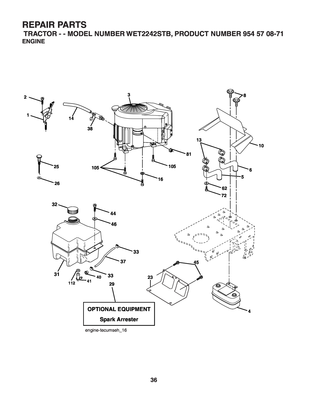 Weed Eater WET2242STB manual Engine, Repair Parts, Optional Equipment, Spark Arrester 