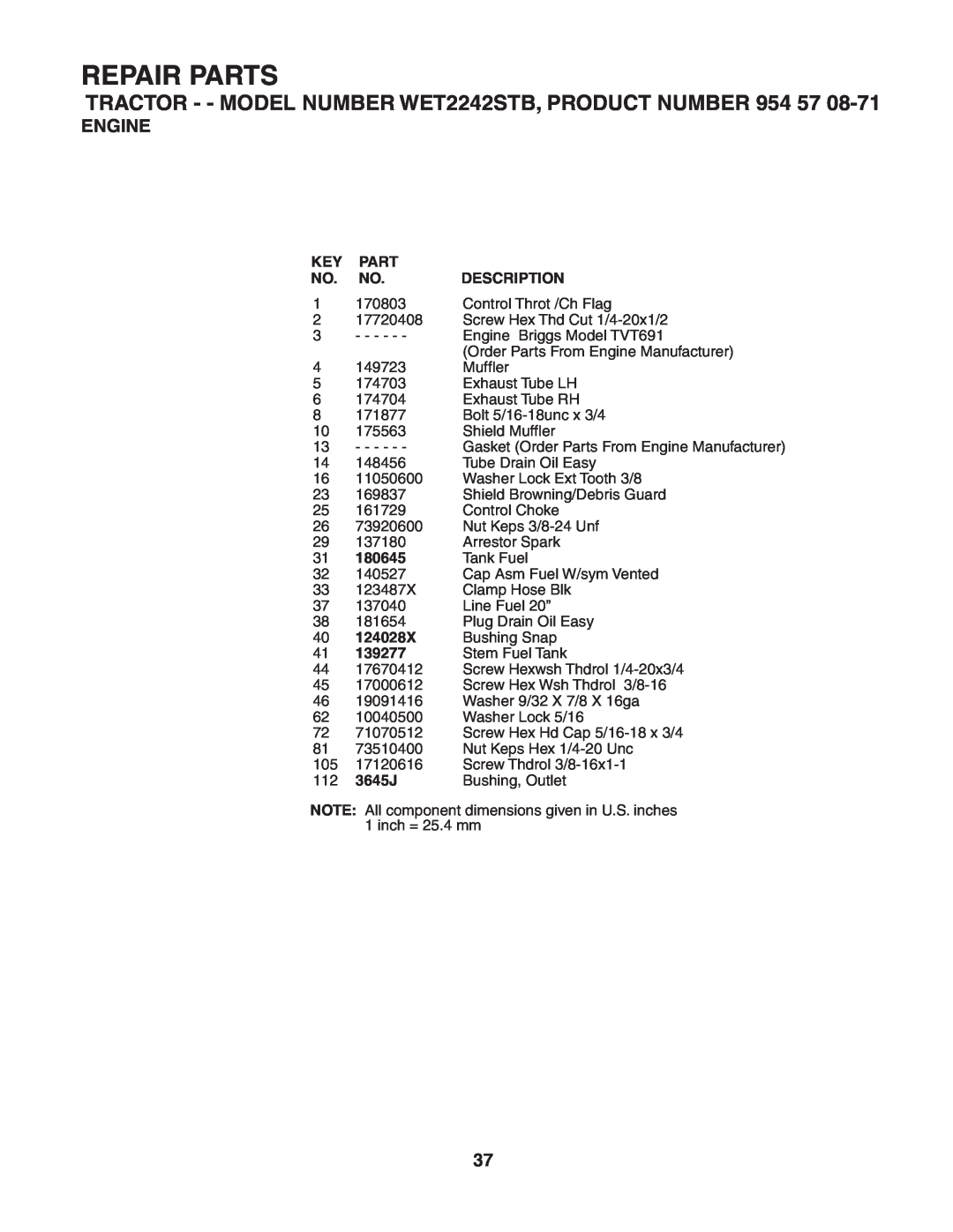 Weed Eater WET2242STB manual Repair Parts, Engine, Description, 180645, 124028X, 139277, 3645J 