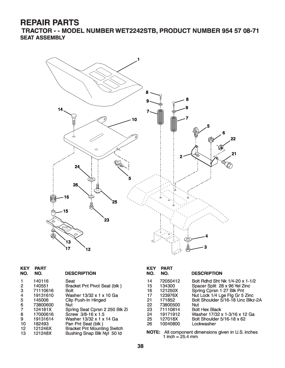 Weed Eater WET2242STB manual Seat Assembly, Repair Parts 