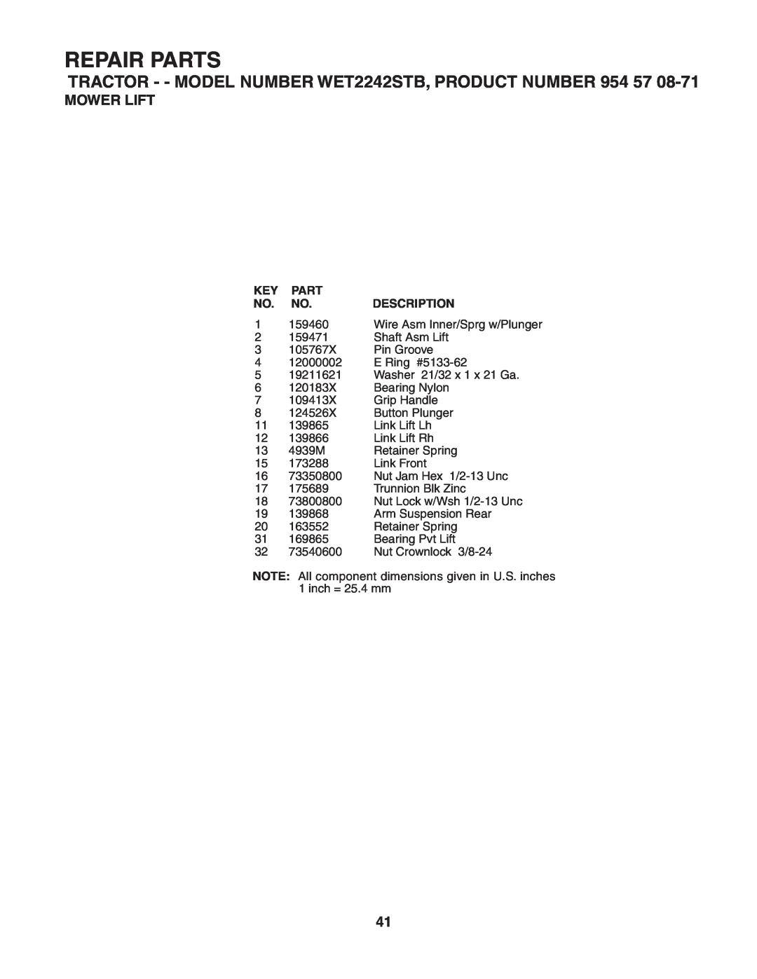 Weed Eater WET2242STB manual Mower Lift, Repair Parts 