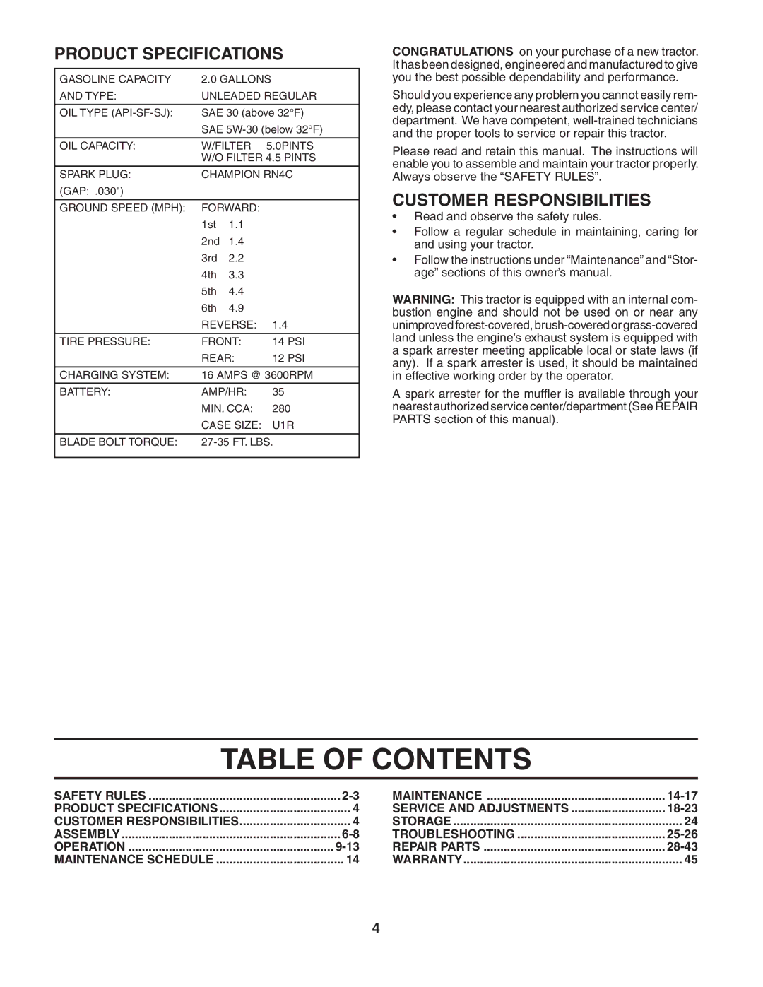 Weed Eater WET2242STC manual Table of Contents 