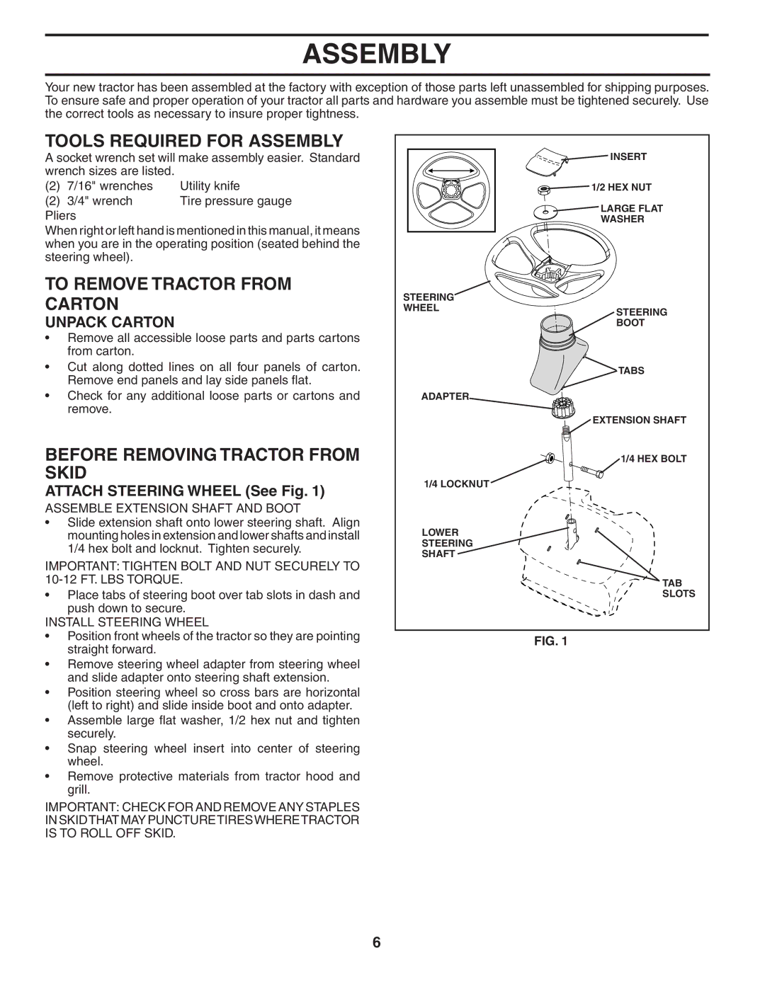 Weed Eater WET2242STD Tools Required for Assembly, To Remove Tractor from Carton, Before Removing Tractor from Skid 