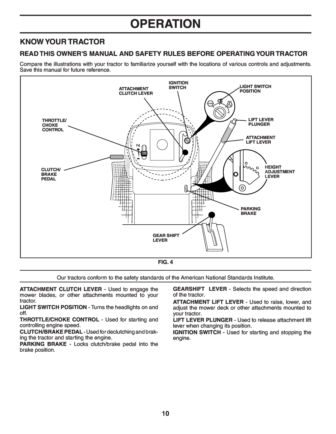 Weed Eater WET2242STD manual Know Your Tractor, Operation 