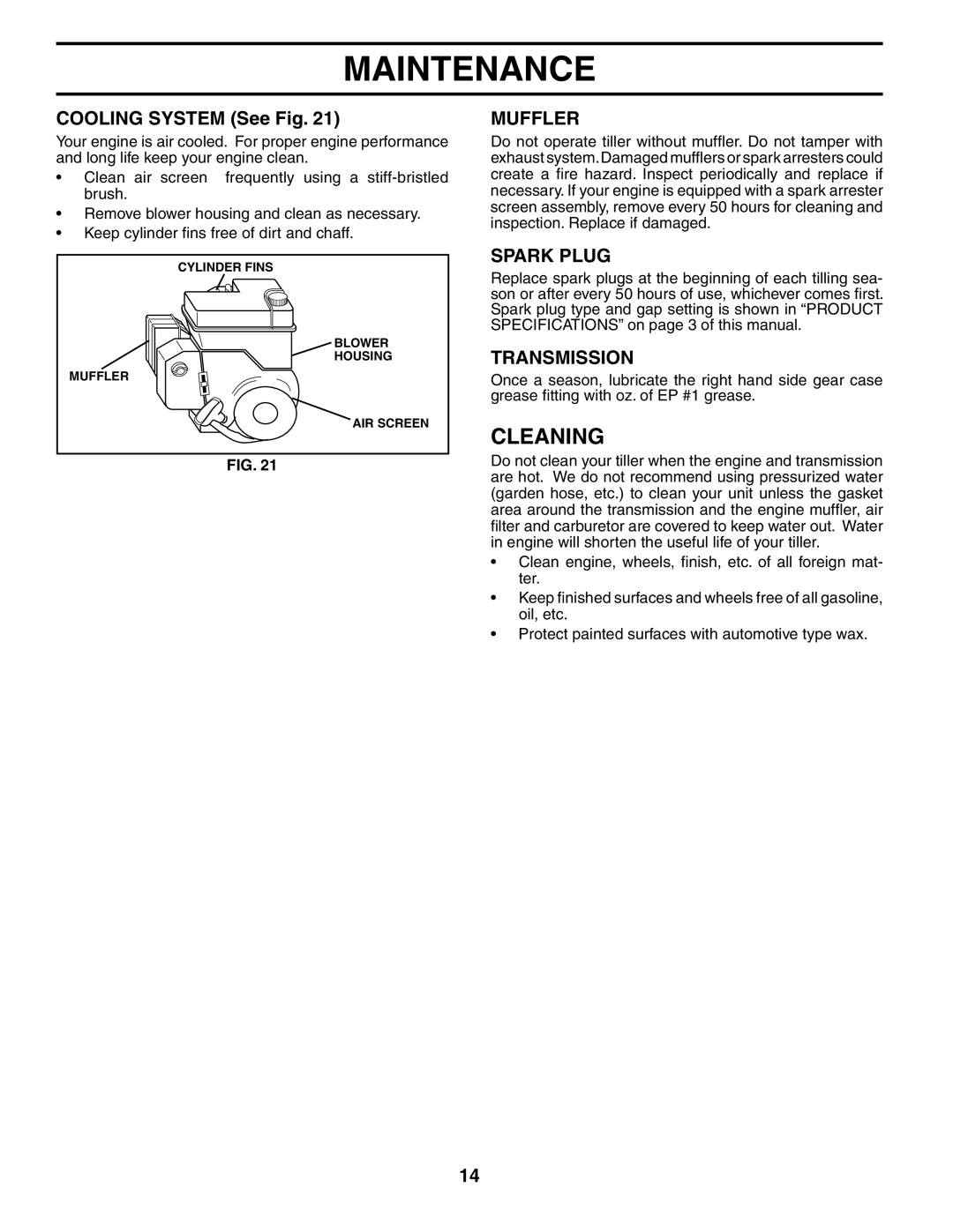 Weed Eater WET6500A owner manual Cleaning, Cooling System See Fig, Muffler, Spark Plug, Transmission 