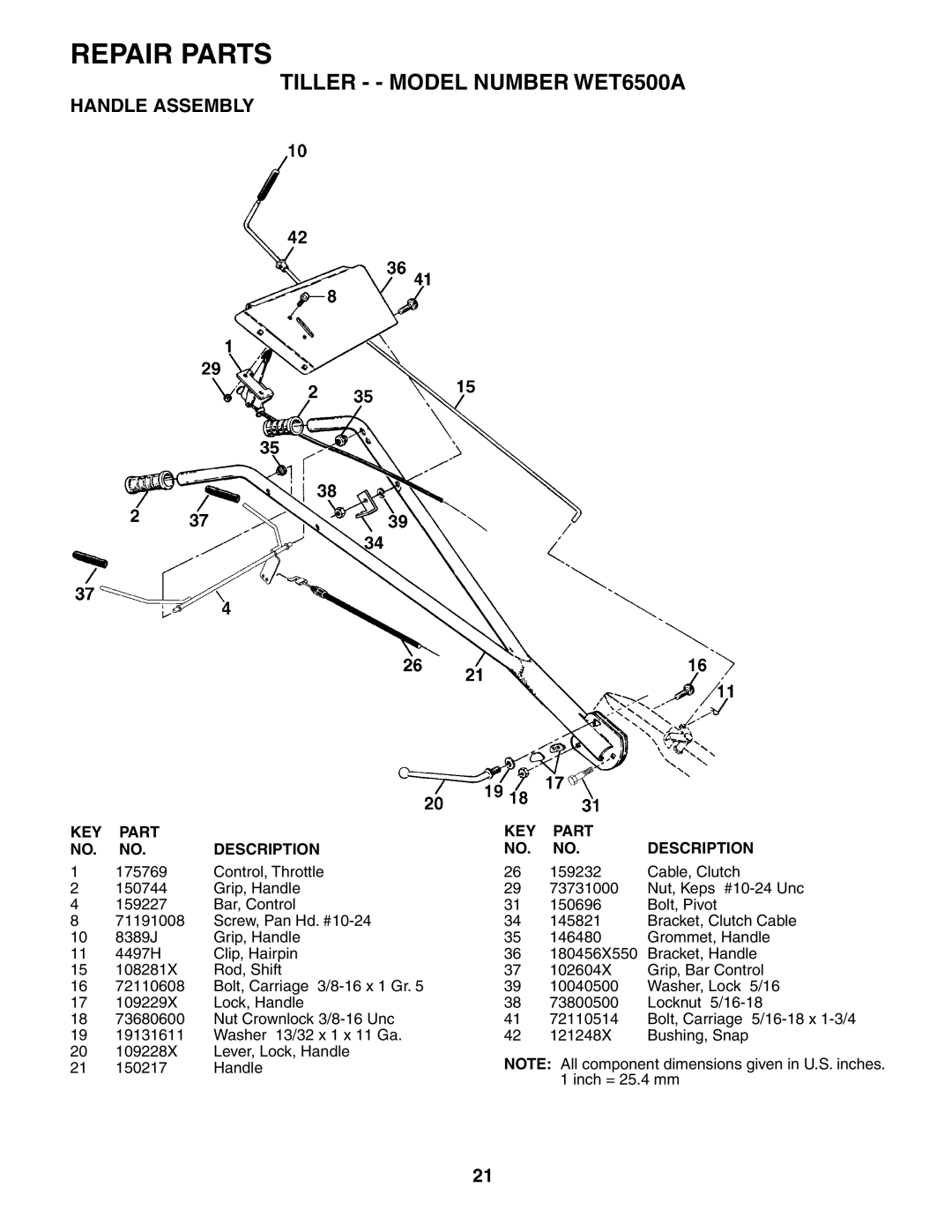 Weed Eater owner manual Tiller - Model Number WET6500A, Handle Assembly 