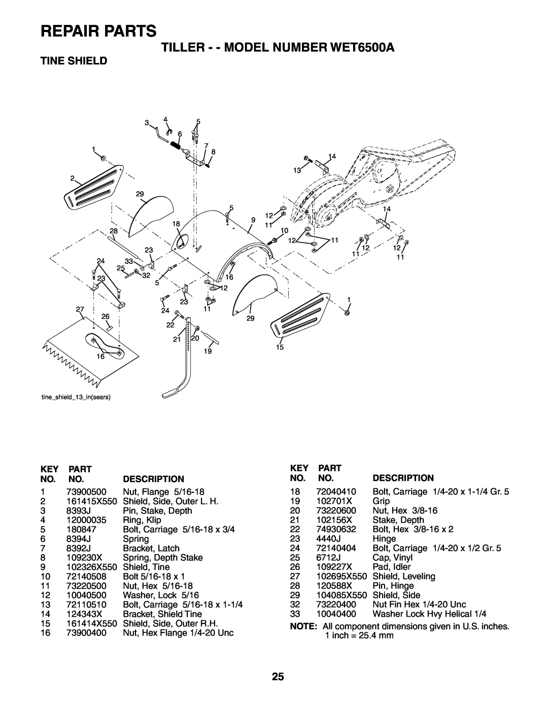 Weed Eater owner manual Tine Shield, Repair Parts, TILLER - - MODEL NUMBER WET6500A, tineshield13insears 