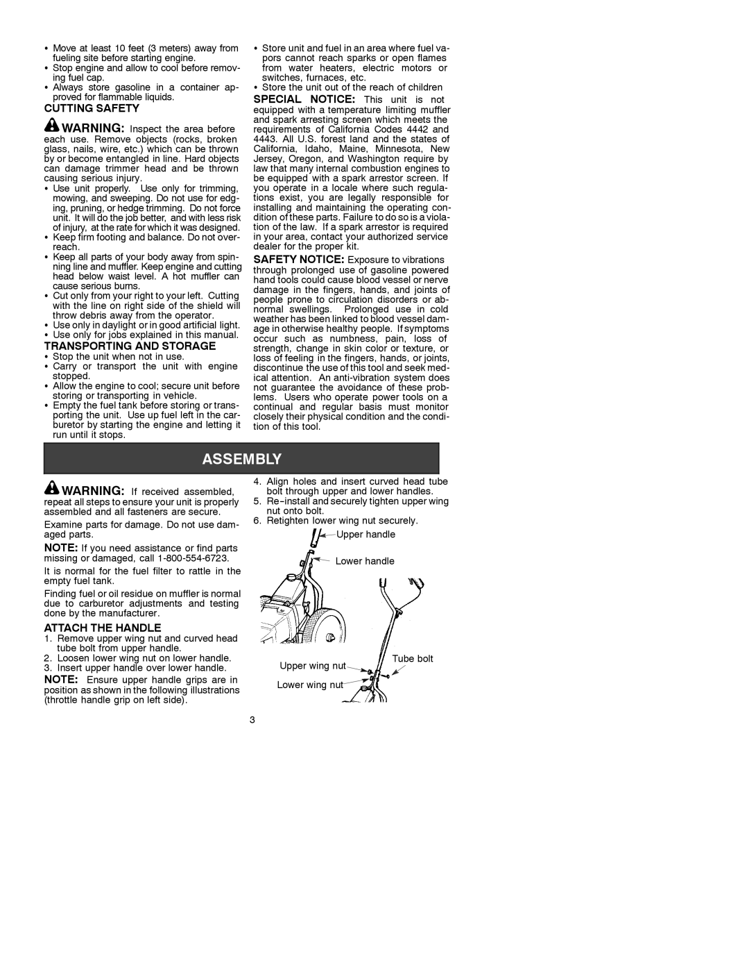 Weed Eater 530088156, WT300 instruction manual Cutting Safety, Transporting and Storage, Attach the Handle 