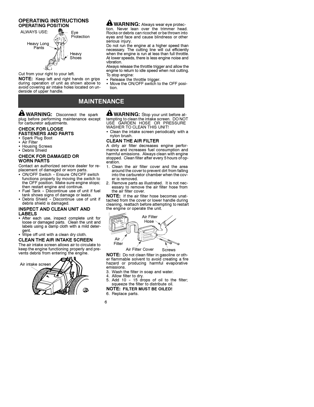 Weed Eater WT300, 530088156 Operating Position, Check for Loose Fasteners and Parts, Check for Damaged or Worn Parts 