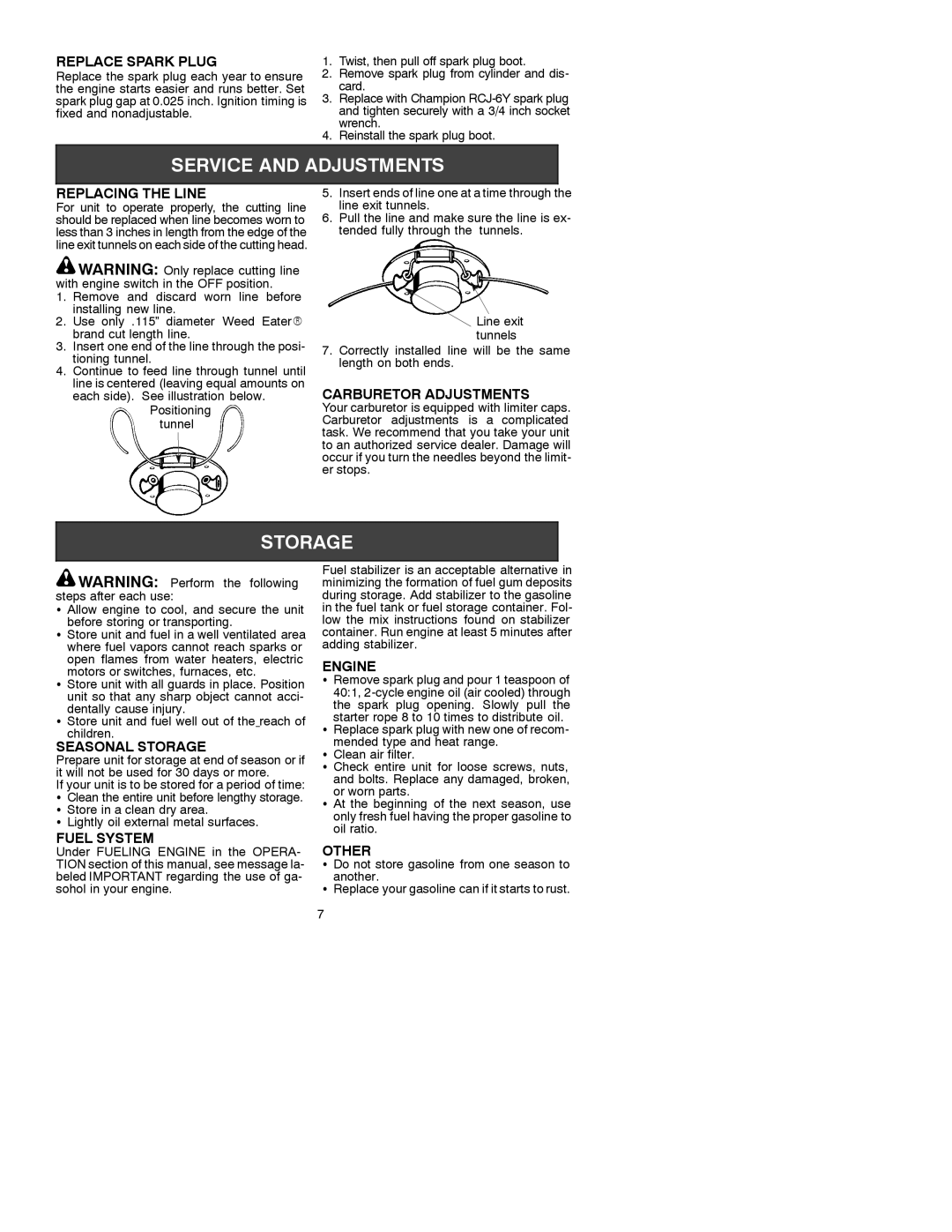 Weed Eater 530088156 Replace Spark Plug, Replacing the Line, Carburetor Adjustments, Seasonal Storage, Fuel System, Engine 