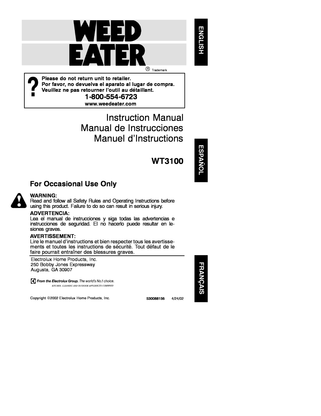 Weed Eater 530088156, WT300 instruction manual Please do not return unit to retailer, Advertencia, Avertissement, WT3100 