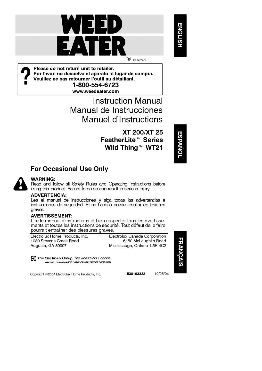 Weed Eater WT21, XT 25 instruction manual English Español Français, Advertencia, Avertissement, 530163333, 10/25/04 