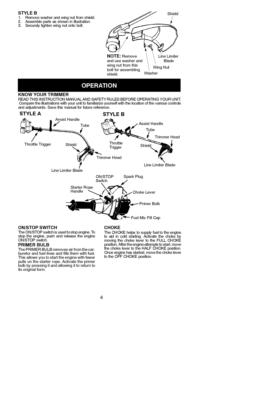 Weed Eater WT21, XT 25, 530163333 instruction manual Operation, Style a, Style B 