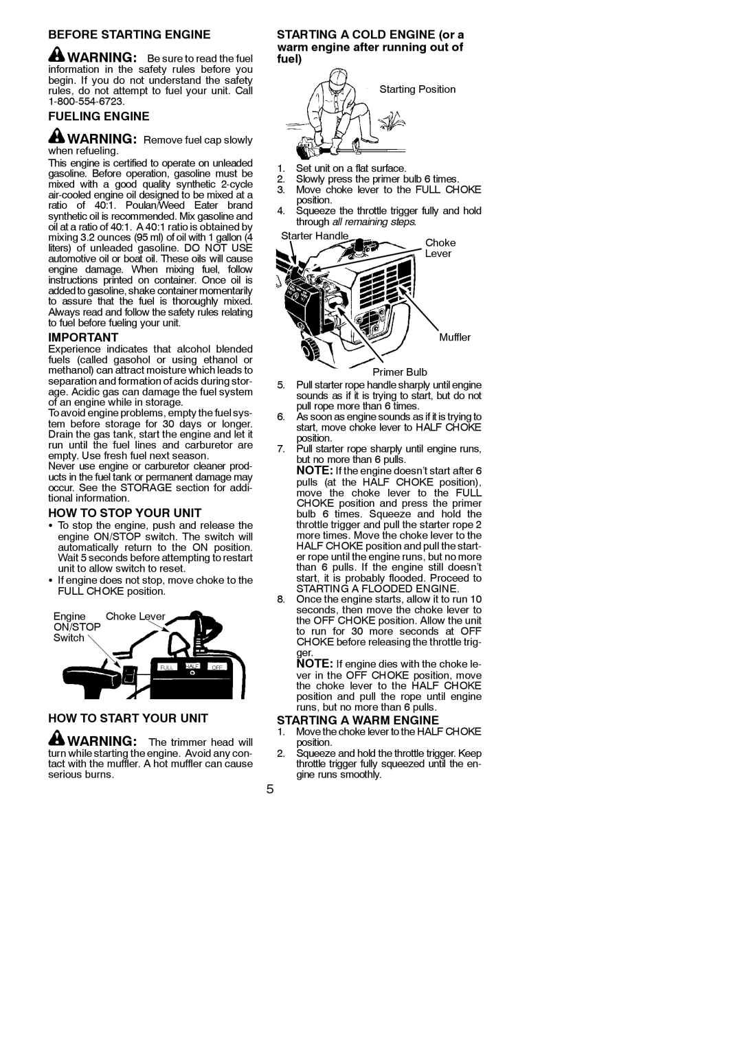 Weed Eater 530163333, XT 25 Before Starting Engine Fueling Engine, HOW to Stop Your Unit, HOW to Start Your Unit, Switch 