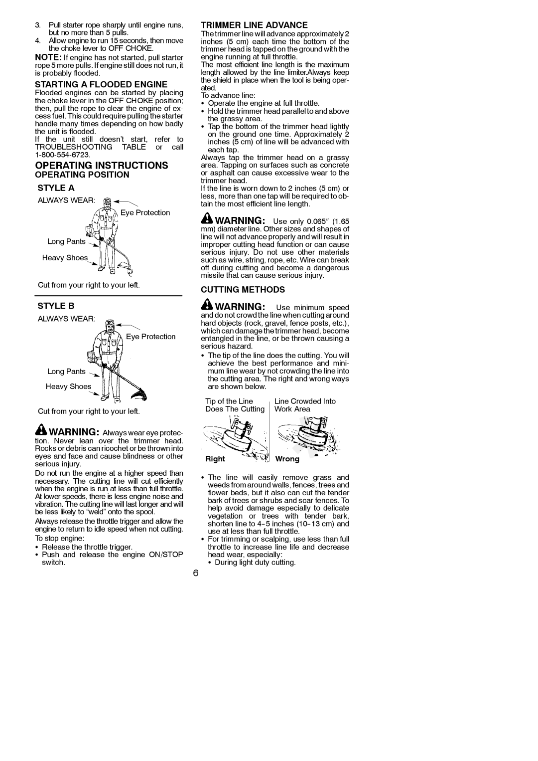 Weed Eater XT 25, WT21 Operating Instructions, Starting a Flooded Engine, Operating Position Style a, Trimmer Line Advance 