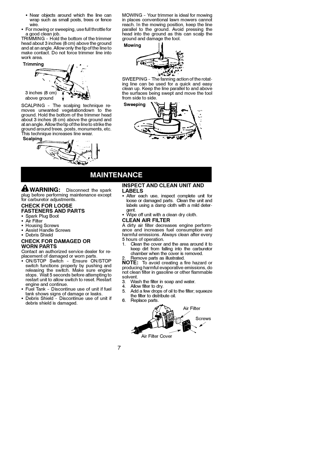 Weed Eater WT21, XT 25 Maintenance, Check for Loose Fasteners and Parts, Check for Damaged or Worn Parts, Clean AIR Filter 