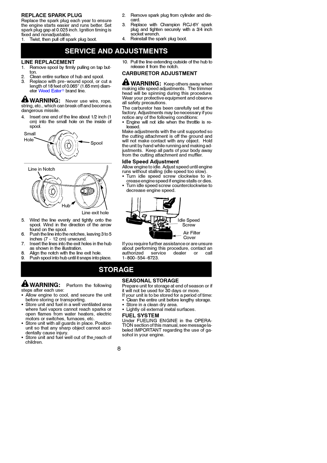 Weed Eater 530163333, XT 25, WT21 instruction manual Service and Adjustments, Storage 