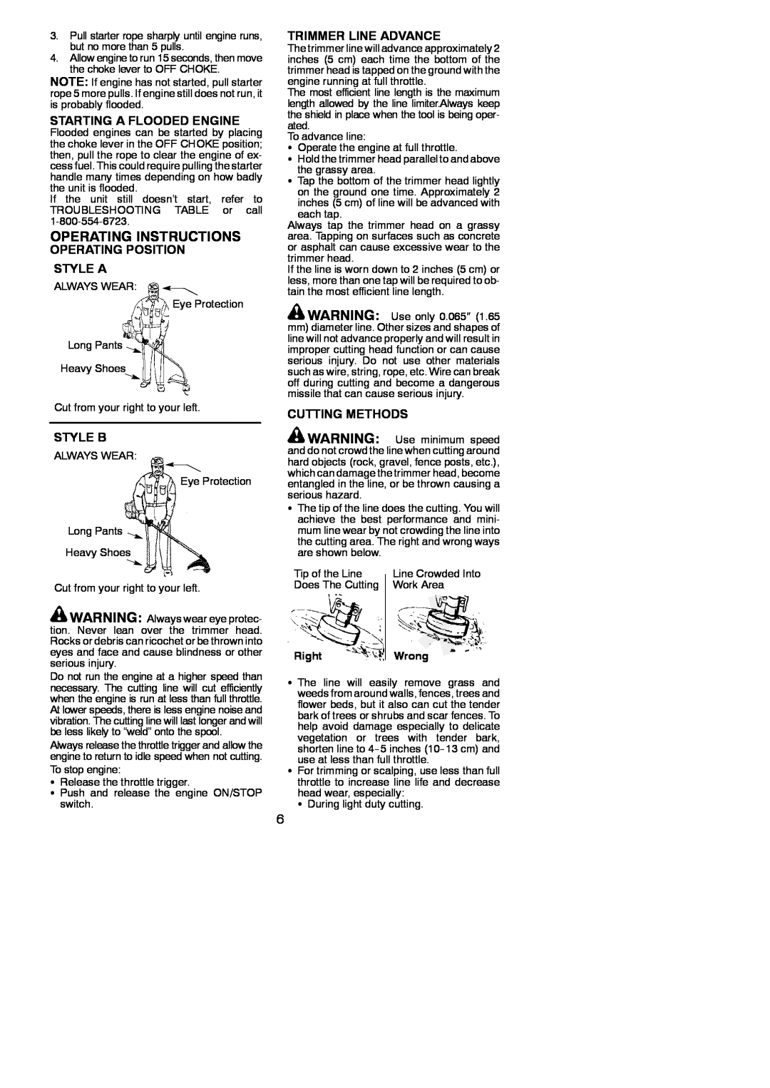 Weed Eater XT 25 Operating Instructions, Starting A Flooded Engine, Operating Position Style A, Style B, Cutting Methods 