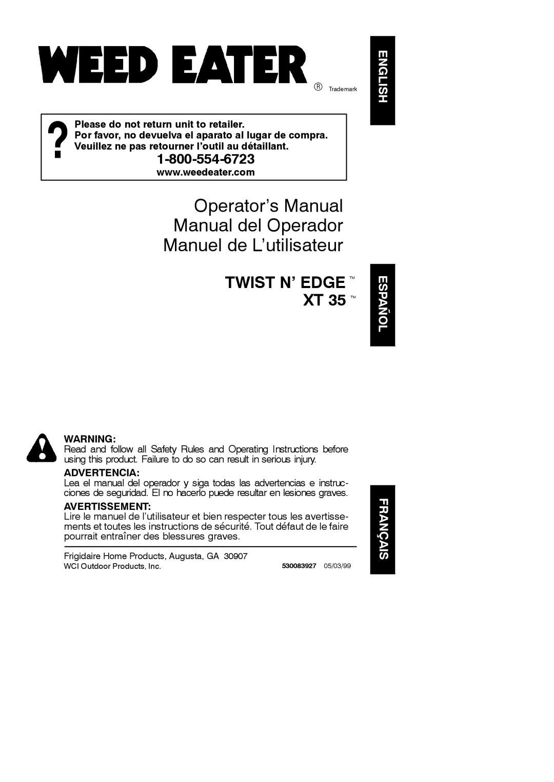 Weed Eater 530083927, XT 35 manual Advertencia, Avertissement 