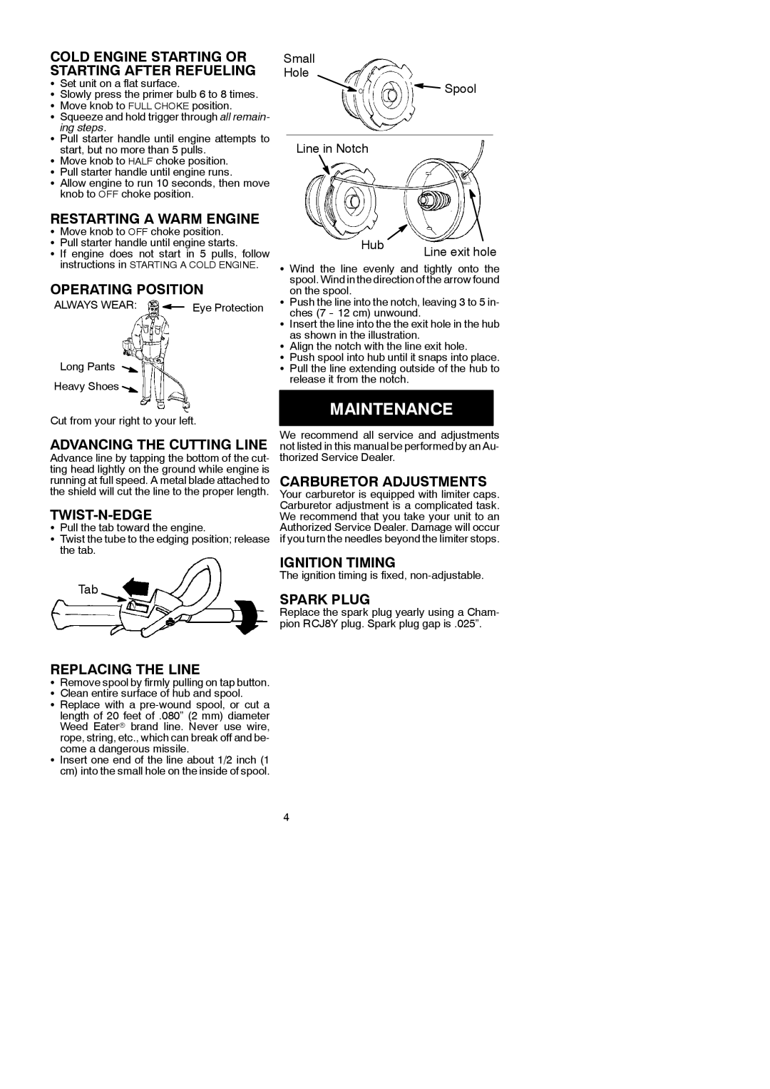 Weed Eater XT 35, 530083927 manual Maintenance 