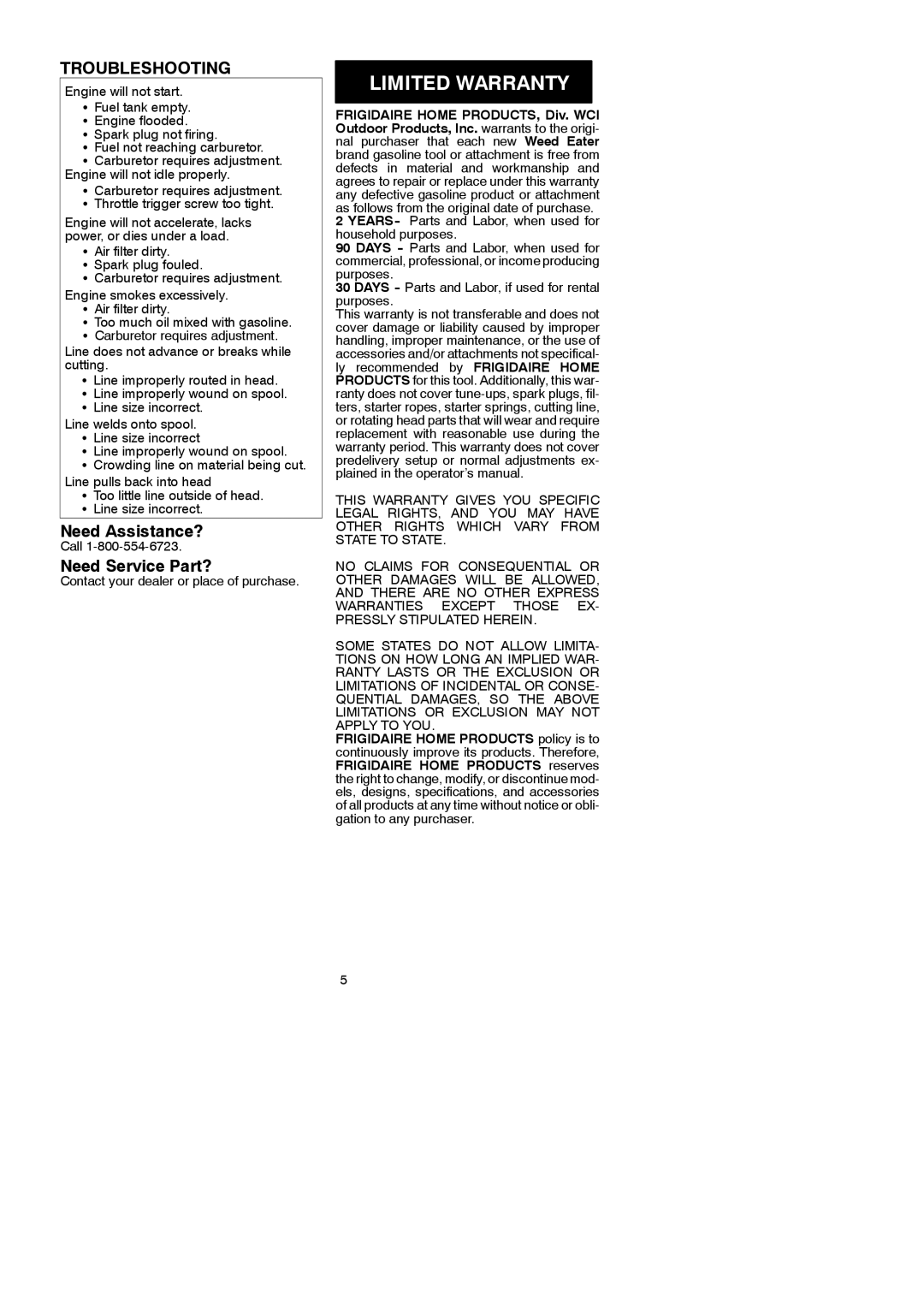 Weed Eater 530083927, XT 35 manual Limited Warranty, Troubleshooting 