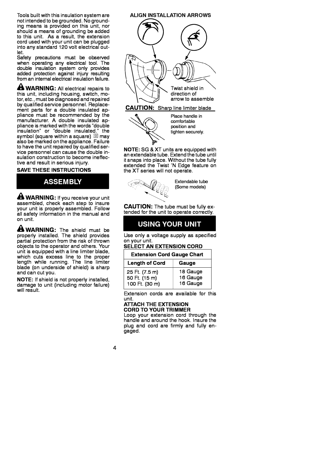 Weed Eater 952711329 Assembly, Using Your Unit, Save These Instructions, Align Installation Arrows, Length of Cord, Gauge 