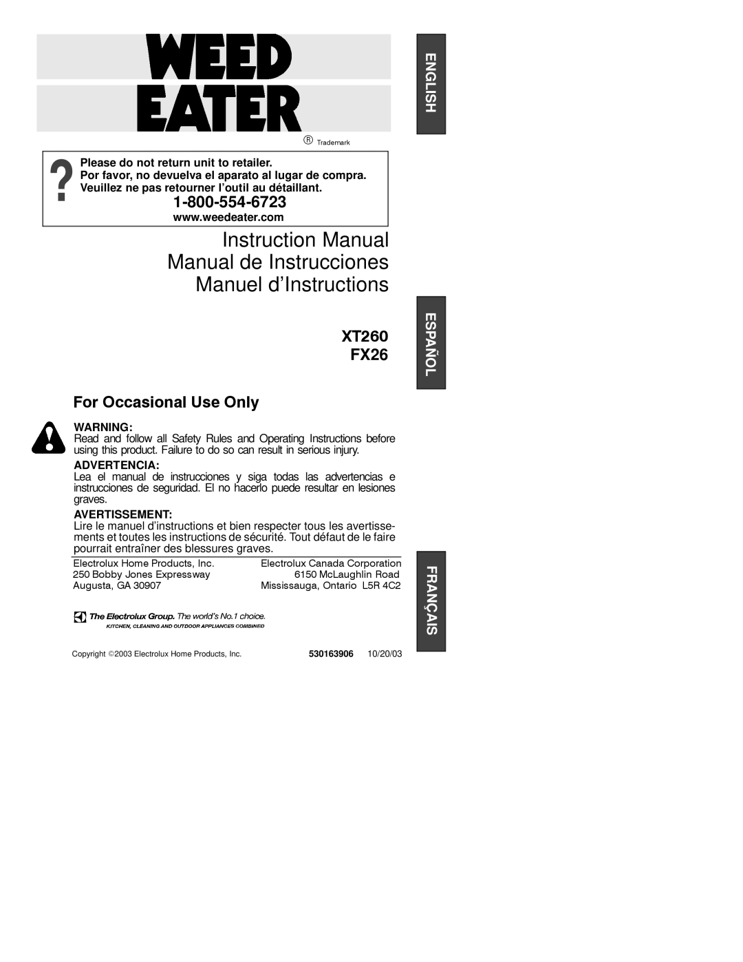 Weed Eater XT260 instruction manual Manual de Instrucciones Manuel d’Instructions, 530163906 10/20/03 