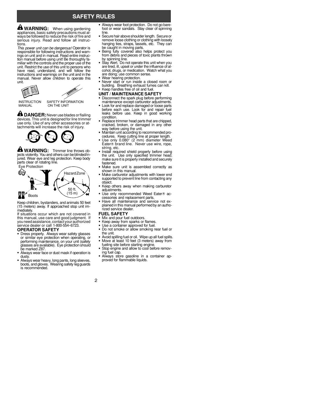 Weed Eater XT260, 530163906 instruction manual Operator Safety, Unit / Maintenance Safety, Fuel Safety 