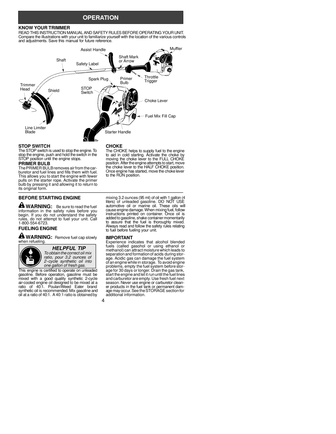 Weed Eater XT260, 530163906 Know Your Trimmer, Stop Switch Choke, Primer Bulb, Before Starting Engine, Fueling Engine 