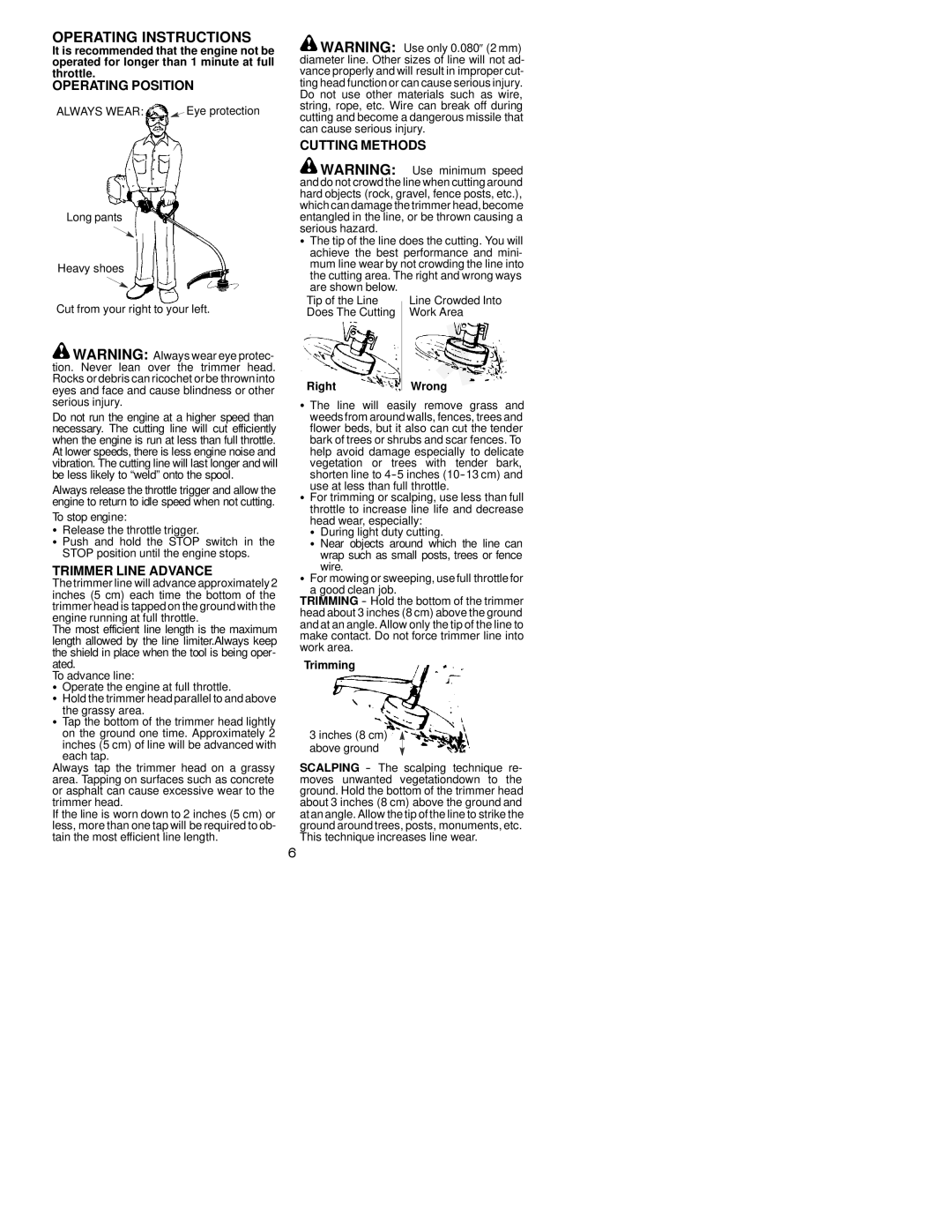 Weed Eater XT260, 530163906 Operating Position, Trimmer Line Advance, Cutting Methods, Right Wrong, Trimming 