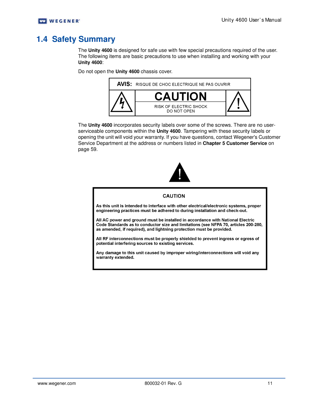 Wegener Communications 4600 manual Safety Summary 