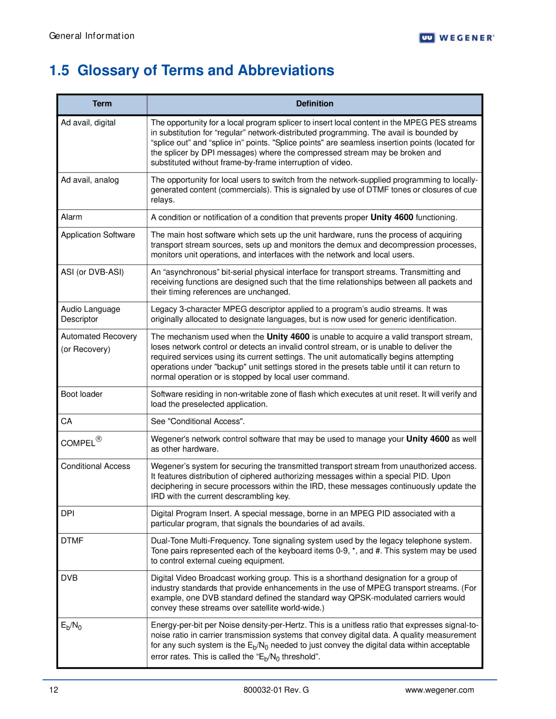 Wegener Communications 4600 manual Glossary of Terms and Abbreviations, Compel→, Dpi, Dtmf, Dvb 