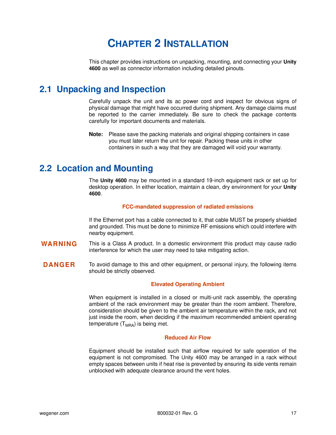 Wegener Communications 4600 manual Unpacking and Inspection, Location and Mounting 