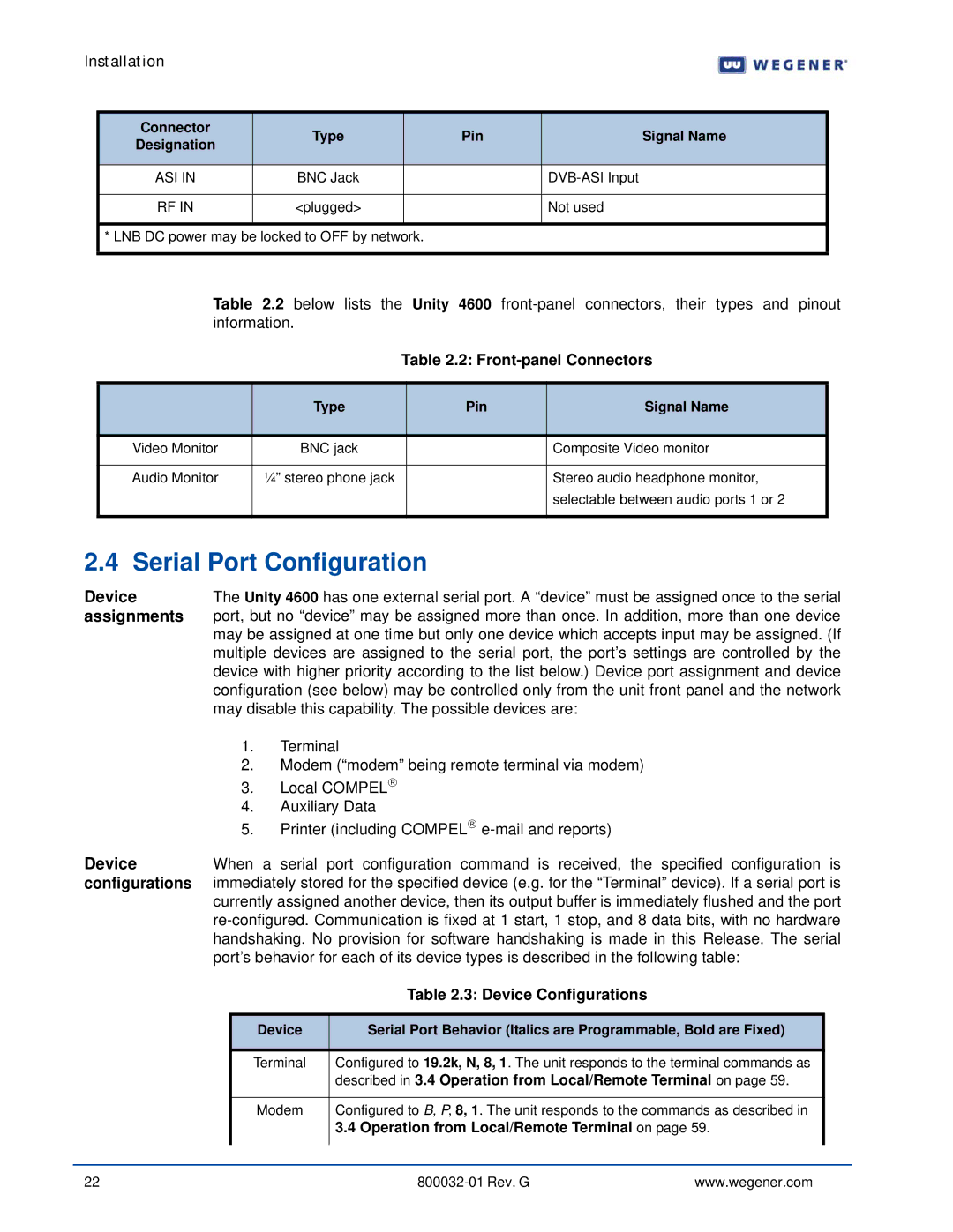 Wegener Communications 4600 manual Serial Port Configuration, Device, Assignments, Configurations 