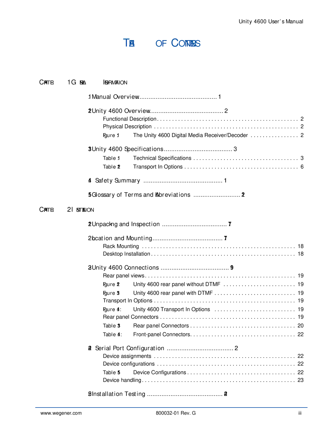 Wegener Communications 4600 manual Table of Contents 