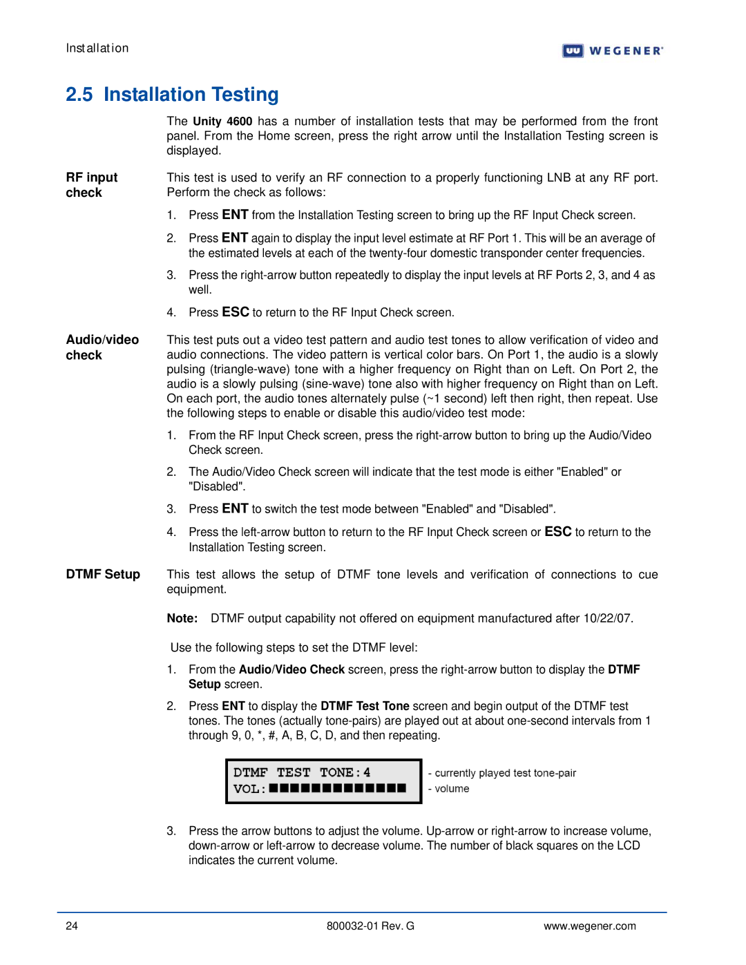 Wegener Communications 4600 manual Installation Testing, RF input, Check 