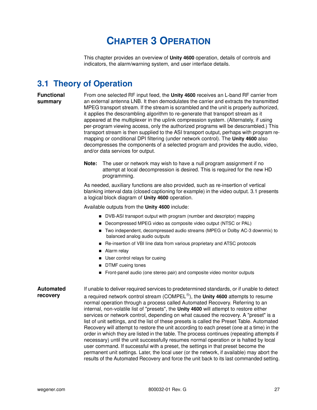 Wegener Communications 4600 manual Theory of Operation, Summary, Automated recovery 