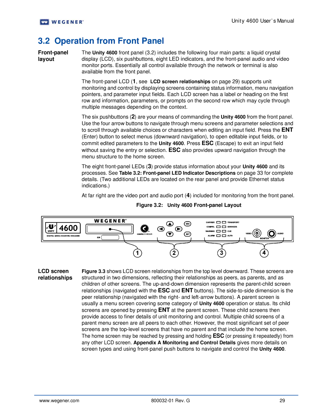 Wegener Communications manual Operation from Front Panel, Unity 4600 Front-panel Layout 